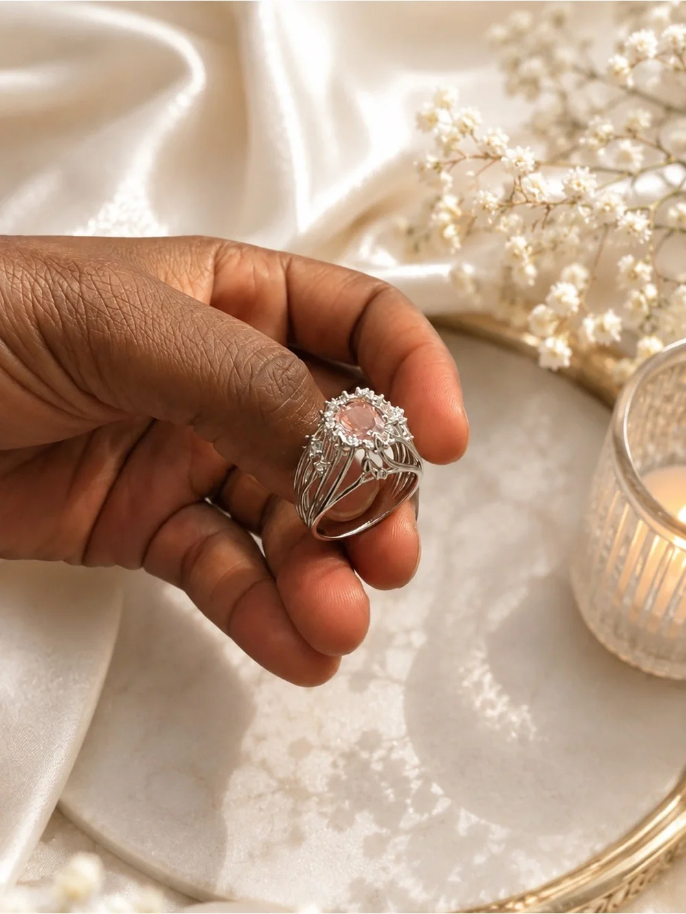 Vintage Style Pink Stone Cocktail Ring White Gold Filled Halo Cluster Statement